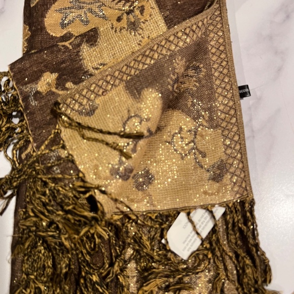 Pashmina style Scarf Rich Gold Brown Cream Olive Green Thread Rich Beautiful NWT - Picture 7 of 8
